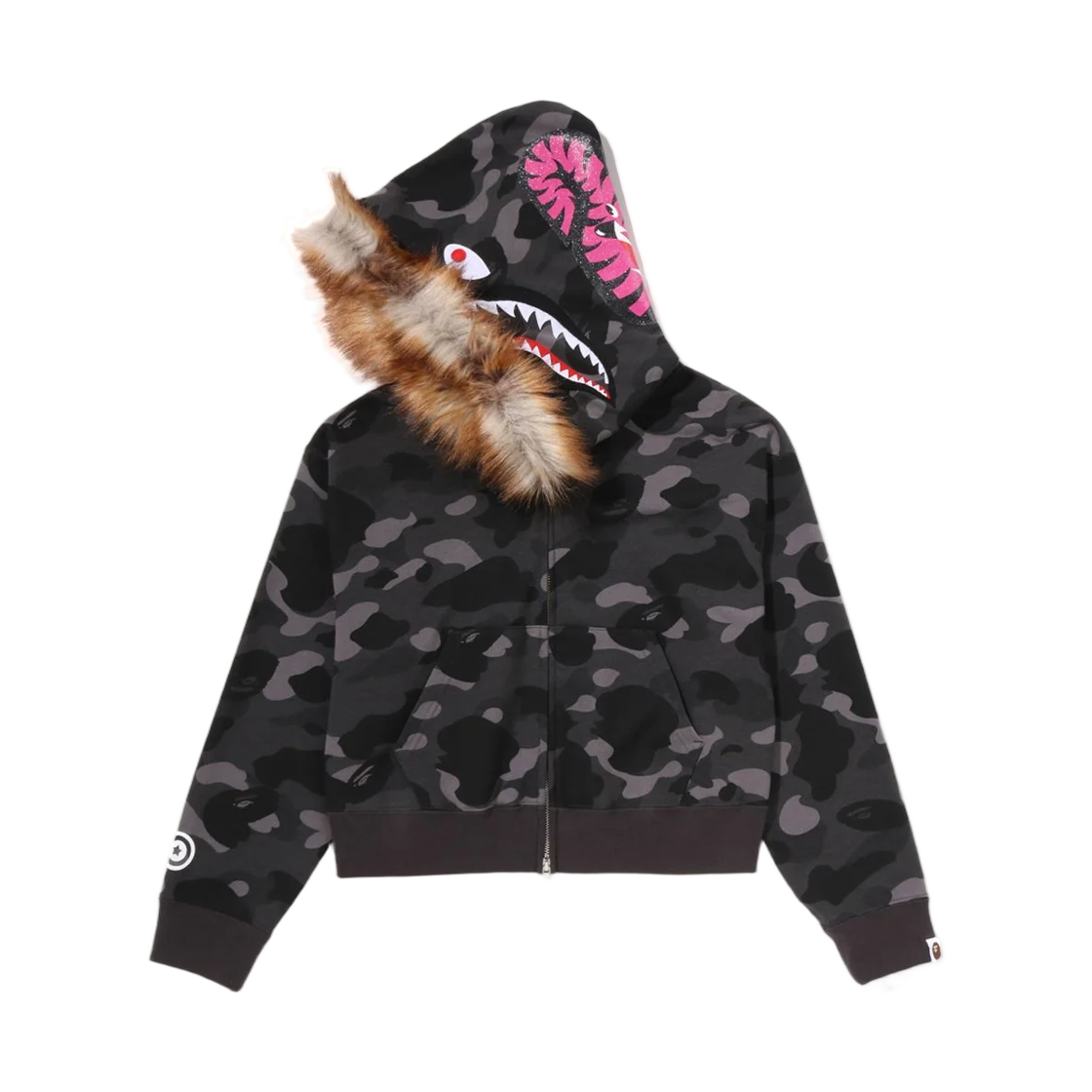 (W) 베이프 컬러 카모 퍼 샤크 크롭 집 후드 블랙((W) BAPE Color Camo Fur Shark Cropped Zip Hoodie Black) - 2