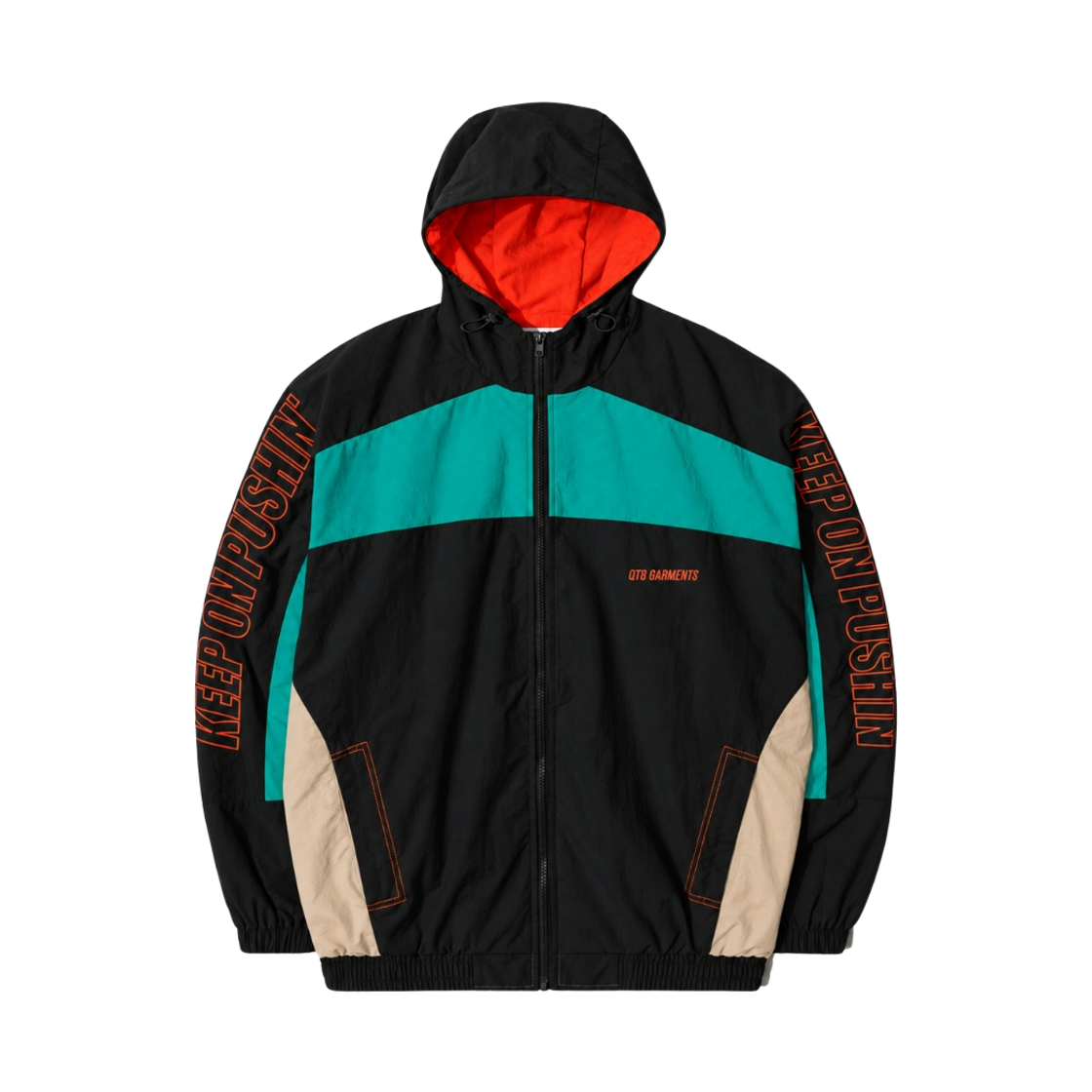 QAAMJK002BGO QT8 GARMENTS Retro Hooded Track Jacket Black/Bluegreen/Orange