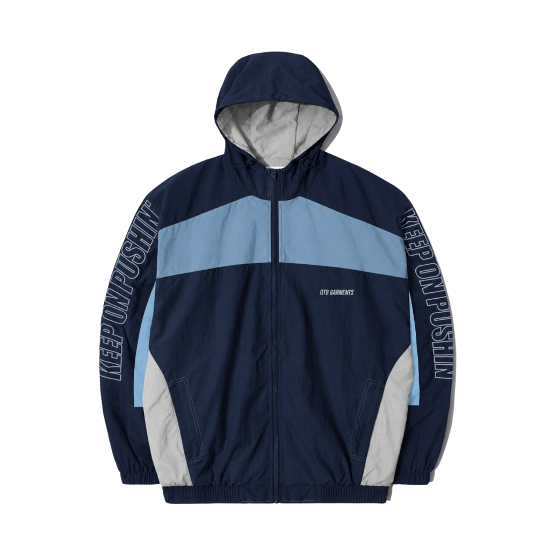 QAAMJK002NSG QT8 GARMENTS Retro Hooded Track Jacket Navy/Skyblue/Grey