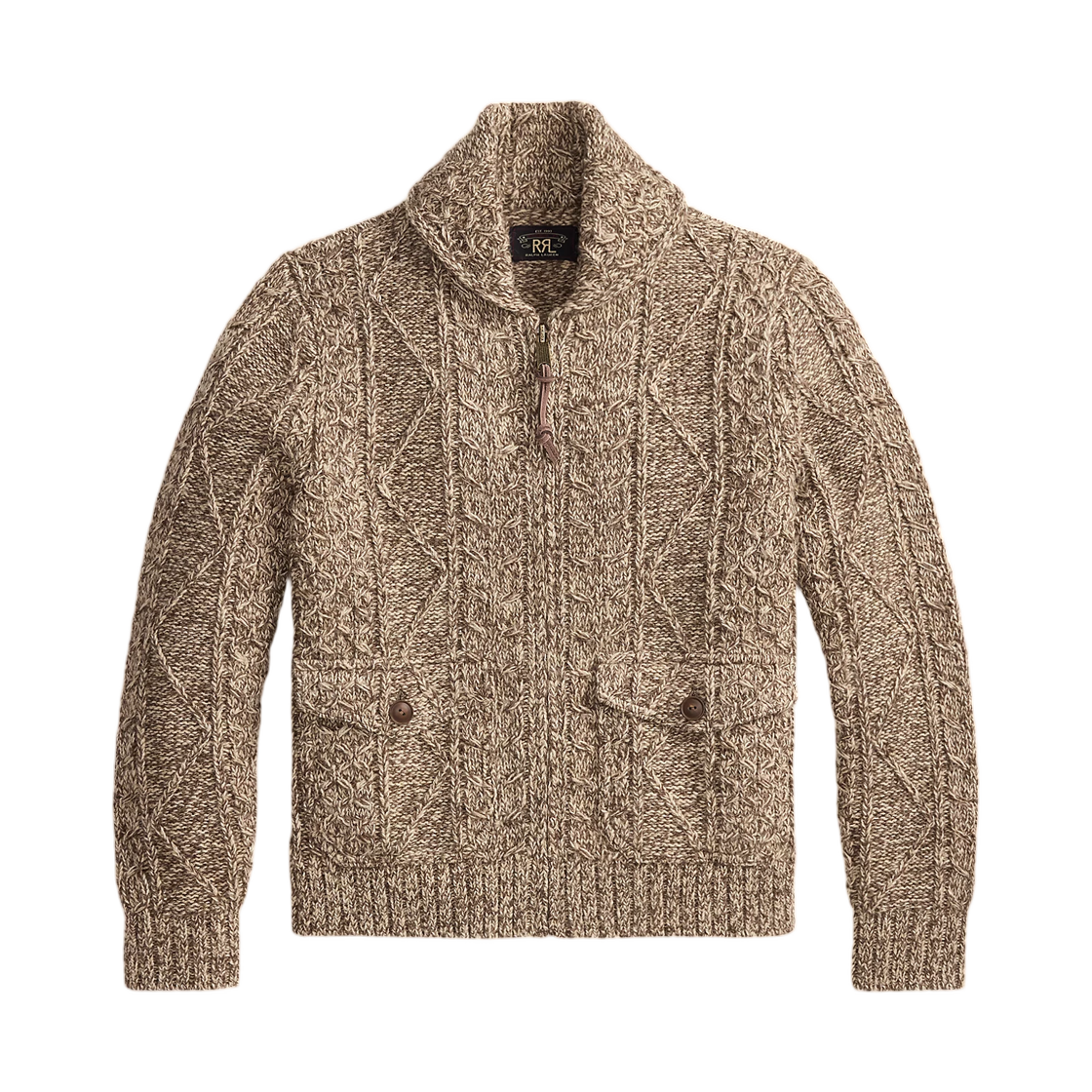 더블 알엘 케이블 울 블렌드 풀 지퍼 스웨터브라운 크림 말(Double RL Cable Wool Blend Full Zipper Sweater Brown Cream Marl) - 1