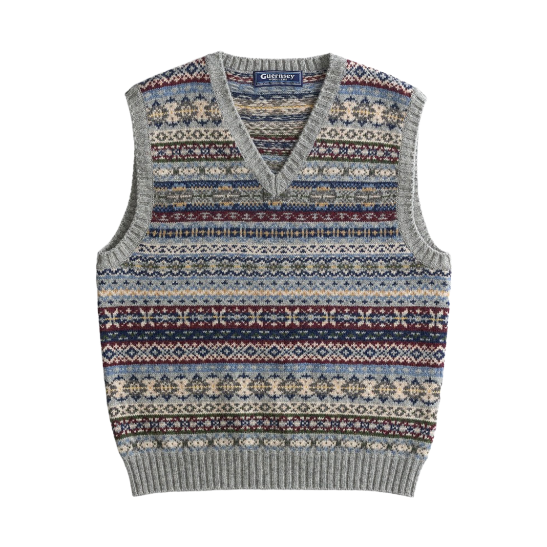 건지울른스 세인트피터 페어아일 브이넥 베스트 그레이(Guernsey Woollens Saint Peter Fair Isle V Neck Vest Grey) - 1