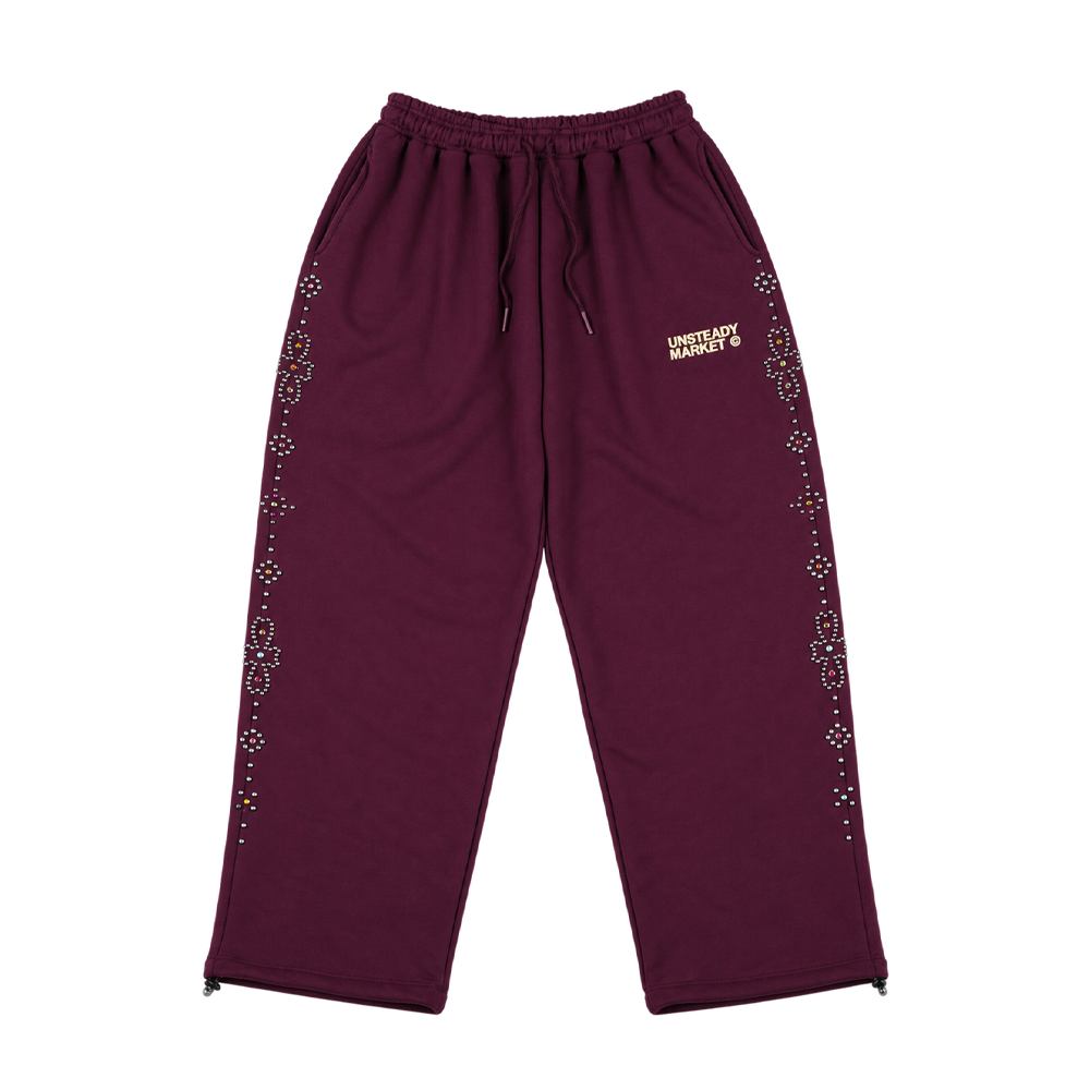 PANTS06 Unsteady Market  Rhinestone Sweat Pants_Bordeaux