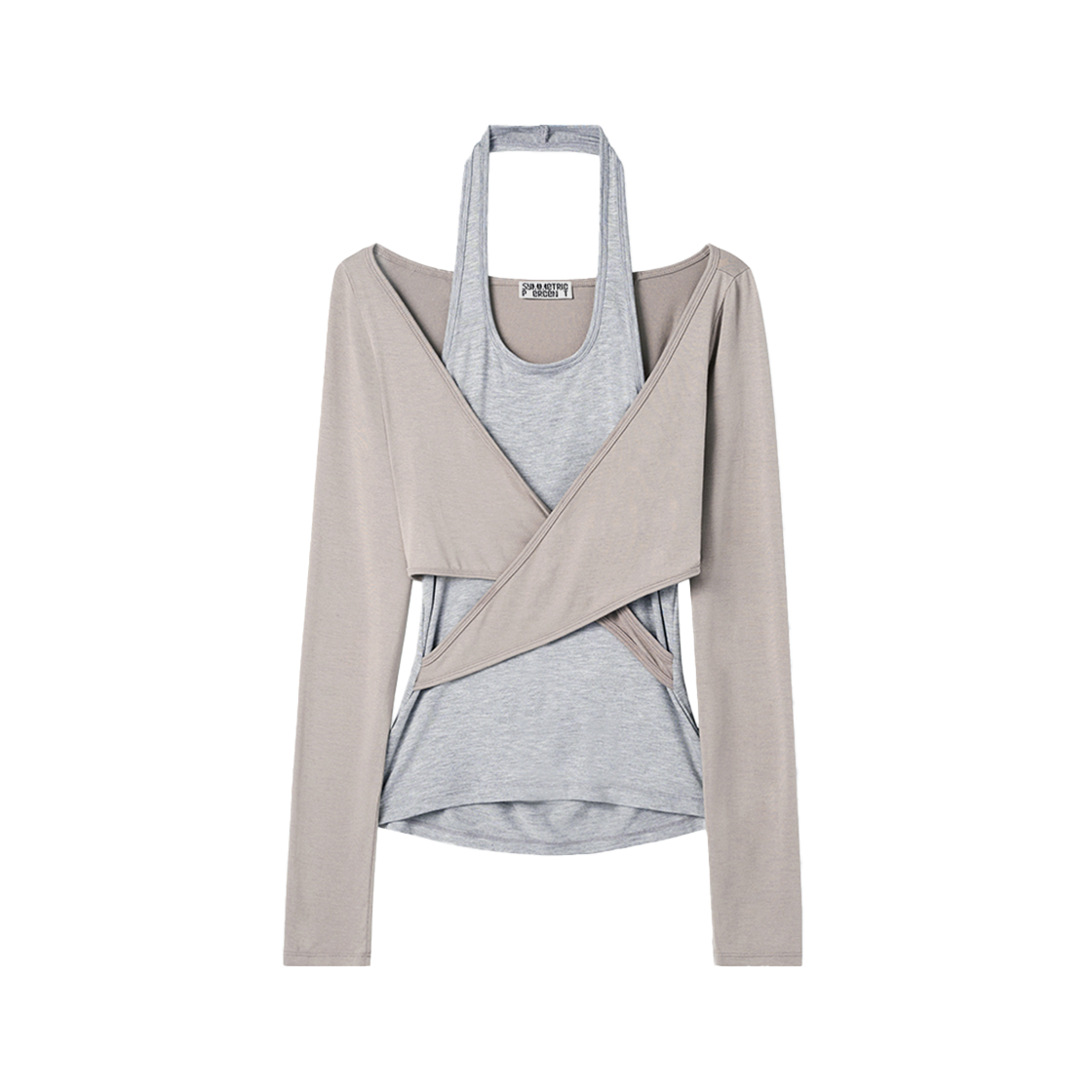 SW2F2TO08BE symmetric percent Halter Layered X Wrap Top Beige