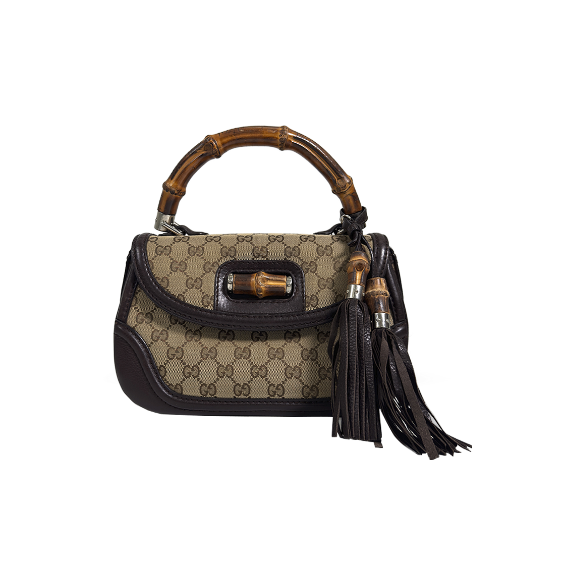IT5EQ2SG62VS Gucci GG Logo Jacquard Tassel Bamboo Tote Bag Brown