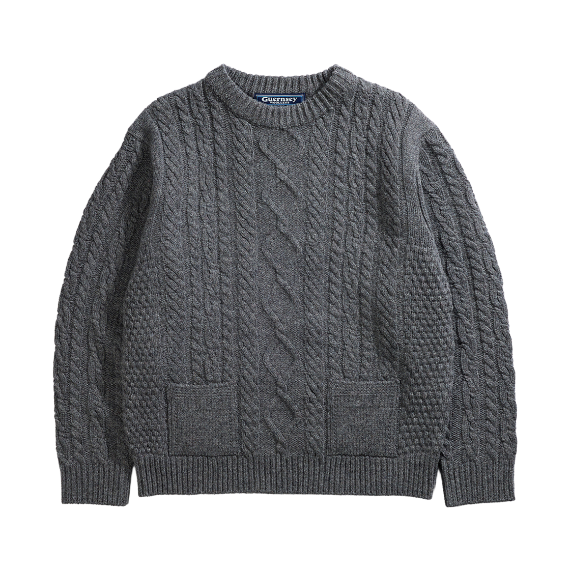GW2DKN16-gry Guernsey Woollens Shetland Wool Aran Pocket Sweater Grey