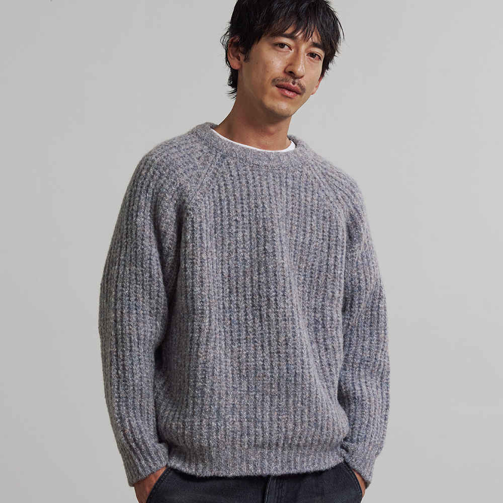 니티드 부클 래글런 와플 크롭 라운드 니트 멀티 그레이(Knitted Boucle Reglan Waffle Crop Round Knit Multi Grey) - 2