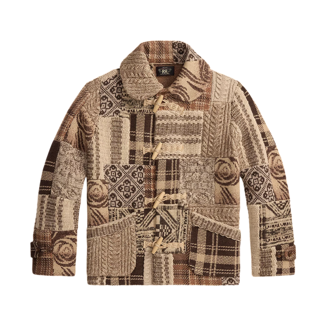 더블 알엘 패치워크 울 블렌드 스웨터 자켓 브라운 크림 멀티(Double RL Patchwork Wool Blend Sweater Jacket Brown Cream Multi)