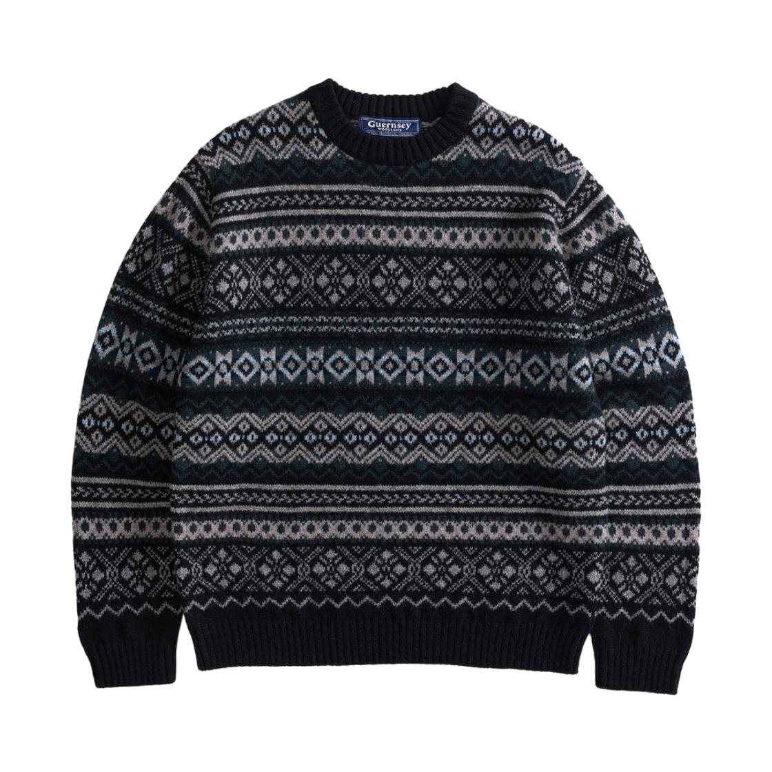 GW2DKN19-bk Guernsey Woollens Fort Doyle Fair Isle Crewneck Sweater Black
