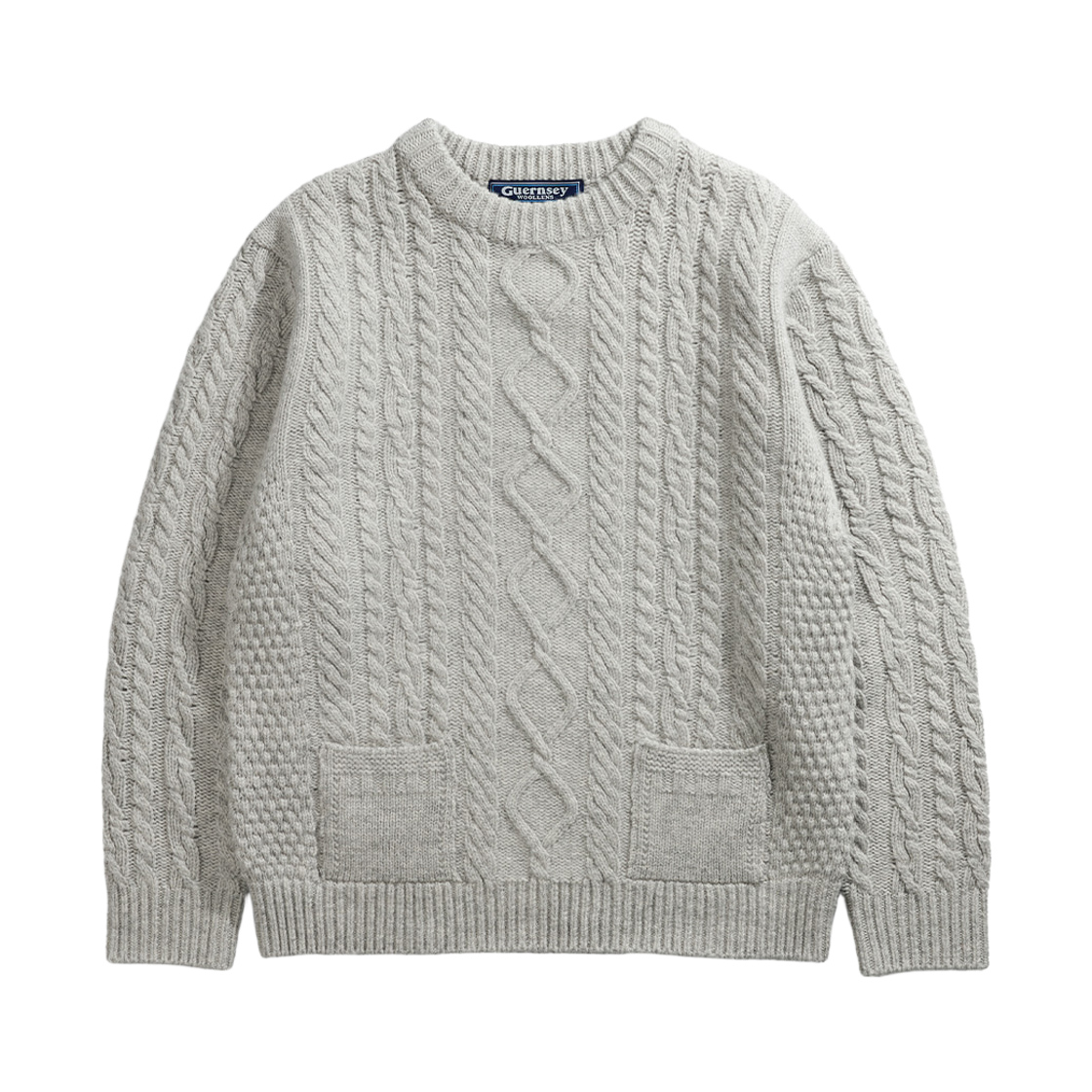 GW2DKN16-lg Guernsey Woollens Shetland Wool Aran Pocket Sweater Light Grey