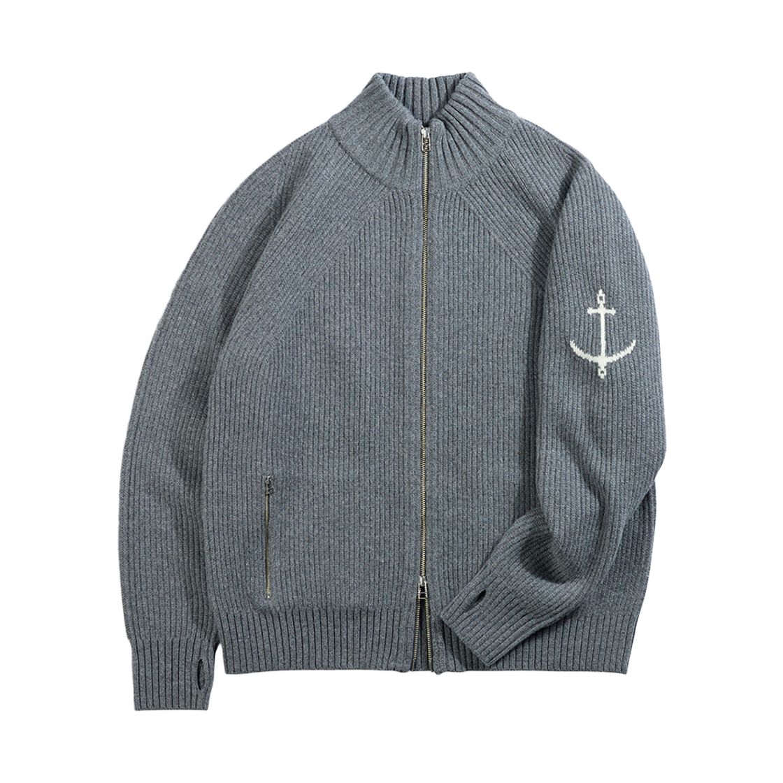 GW1DKN02-gry Guernsey Woollens British Rib Two Way Zip Sweater Grey