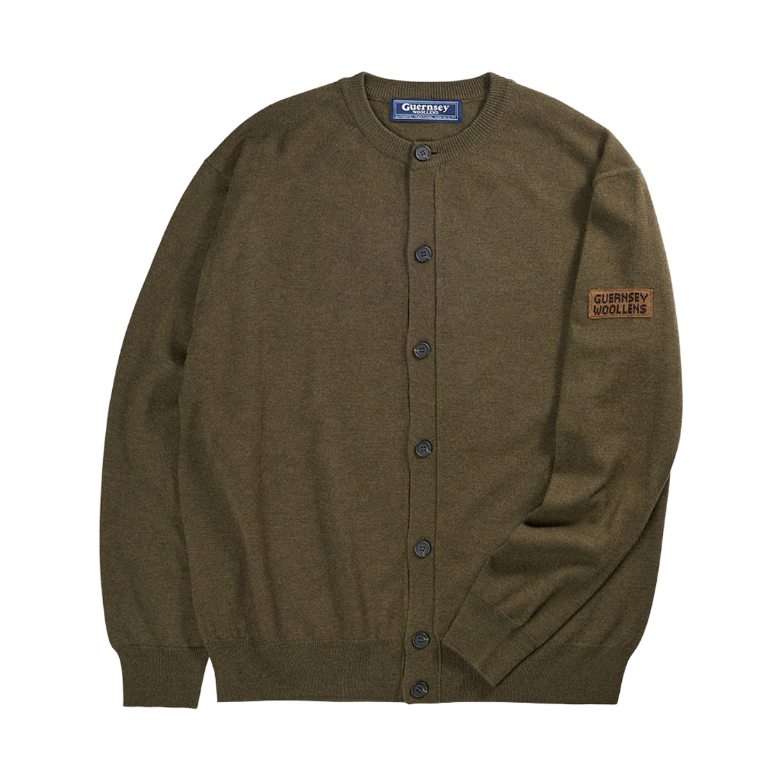 GW2DKN06-ov Guernsey Woollens Superfine Merino Wool Round Neck Cardigan Olive