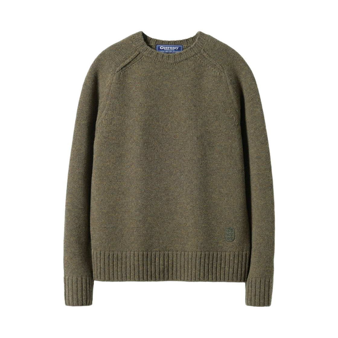 GW26CKN04-OV Guernsey Woollens Shetland Wool Structure Saddle Crewneck Sweater Olive