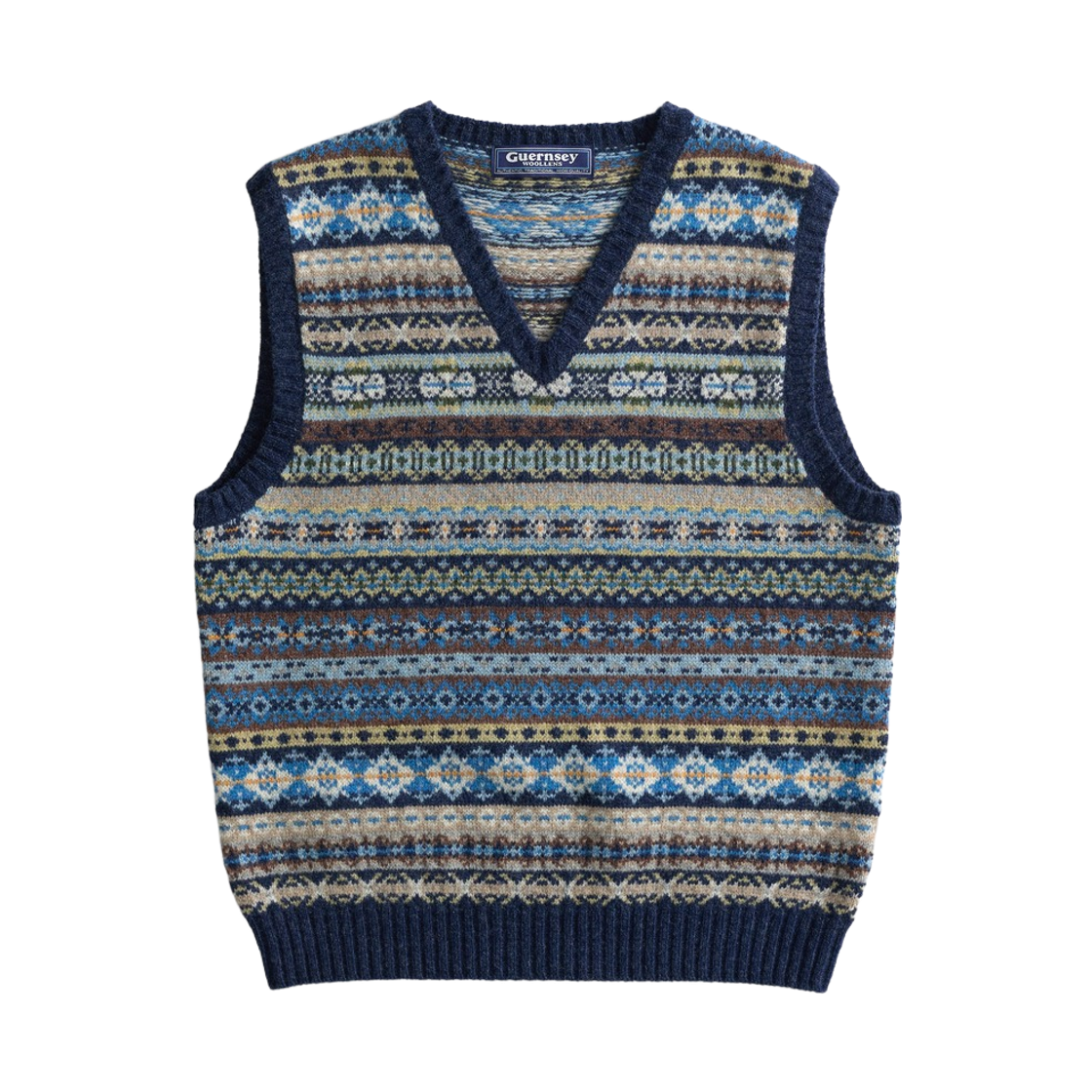 GW2DKN18-nv Guernsey Woollens Saint Peter Fair Isle V Neck Vest Navy