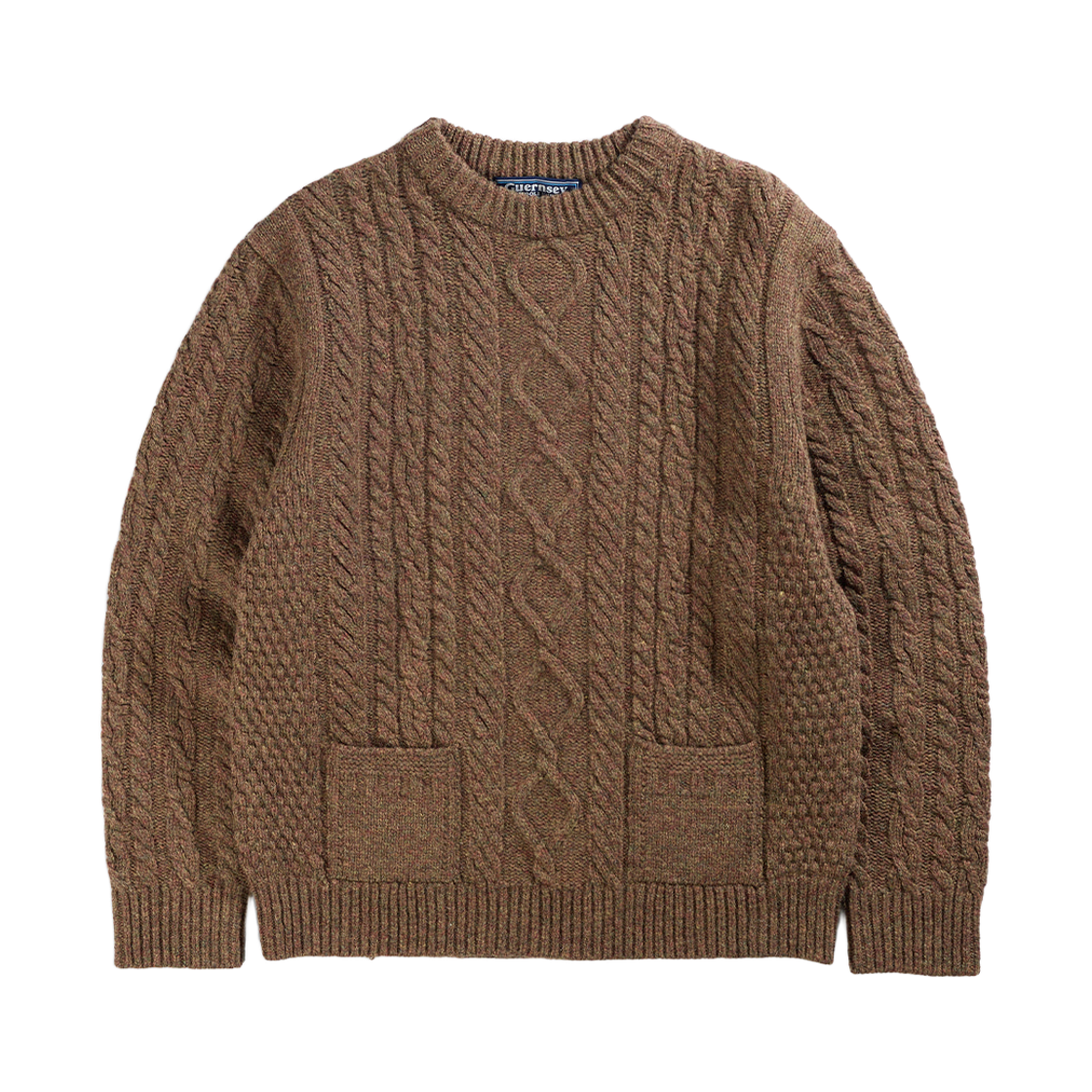 GW2DKN16-br Guernsey Woollens Shetland Wool Aran Pocket Sweater Moss Brown