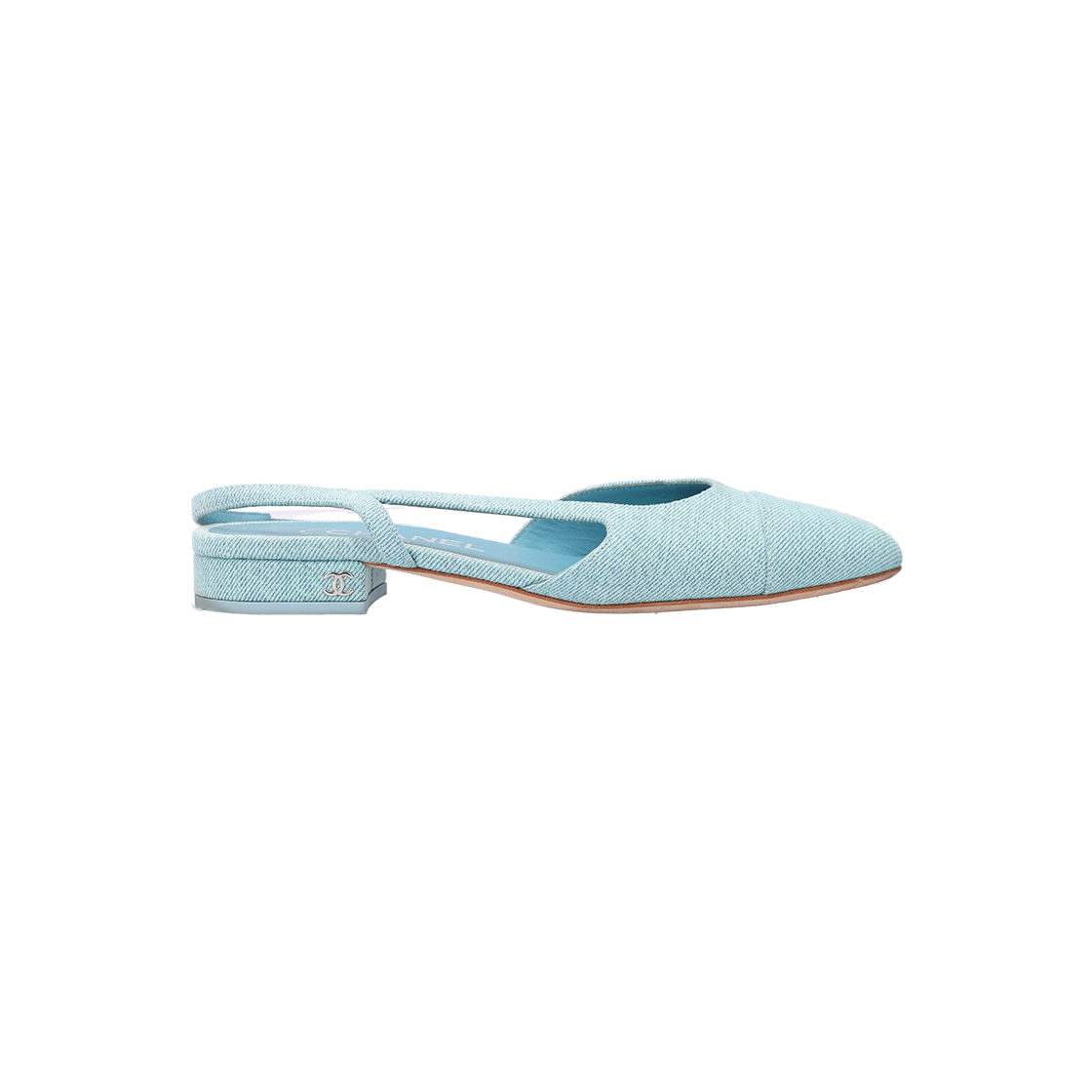 IT3TKIIFQKR2 Chanel Denim Pointed Toe Slingback Flats Light Blue