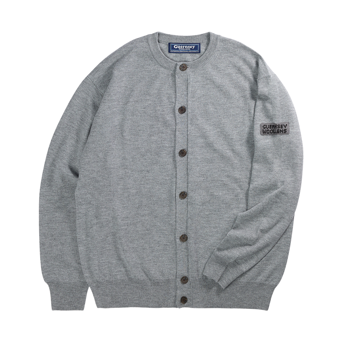 GW2DKN06-gry Guernsey Woollens Superfine Merino Wool Round Neck Cardigan Grey