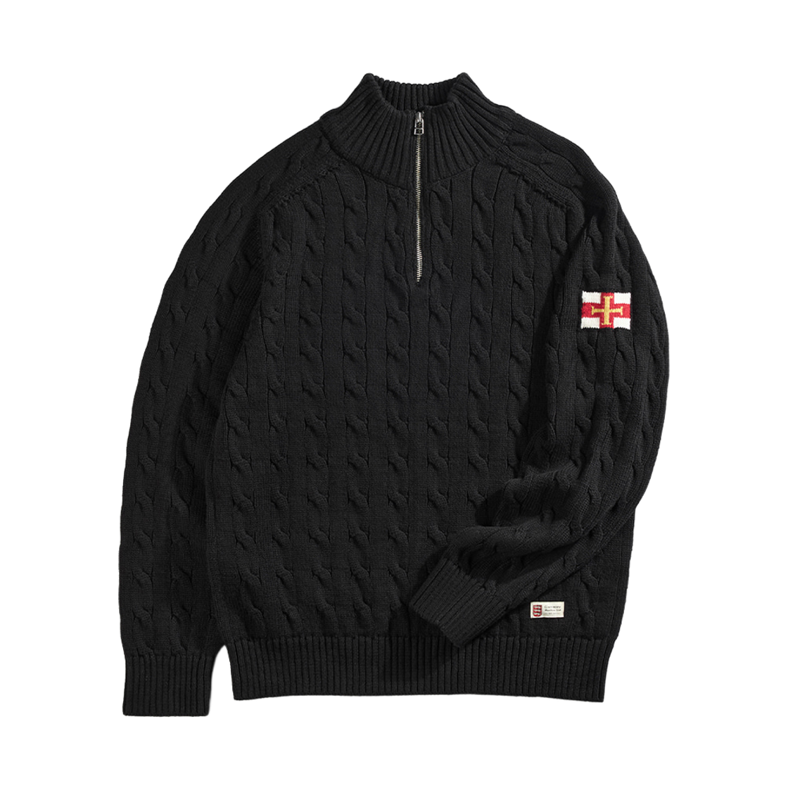 GW2DKN04-bk Guernsey Woollens Heavy Cotton Cable Half-Zip Sweater Black