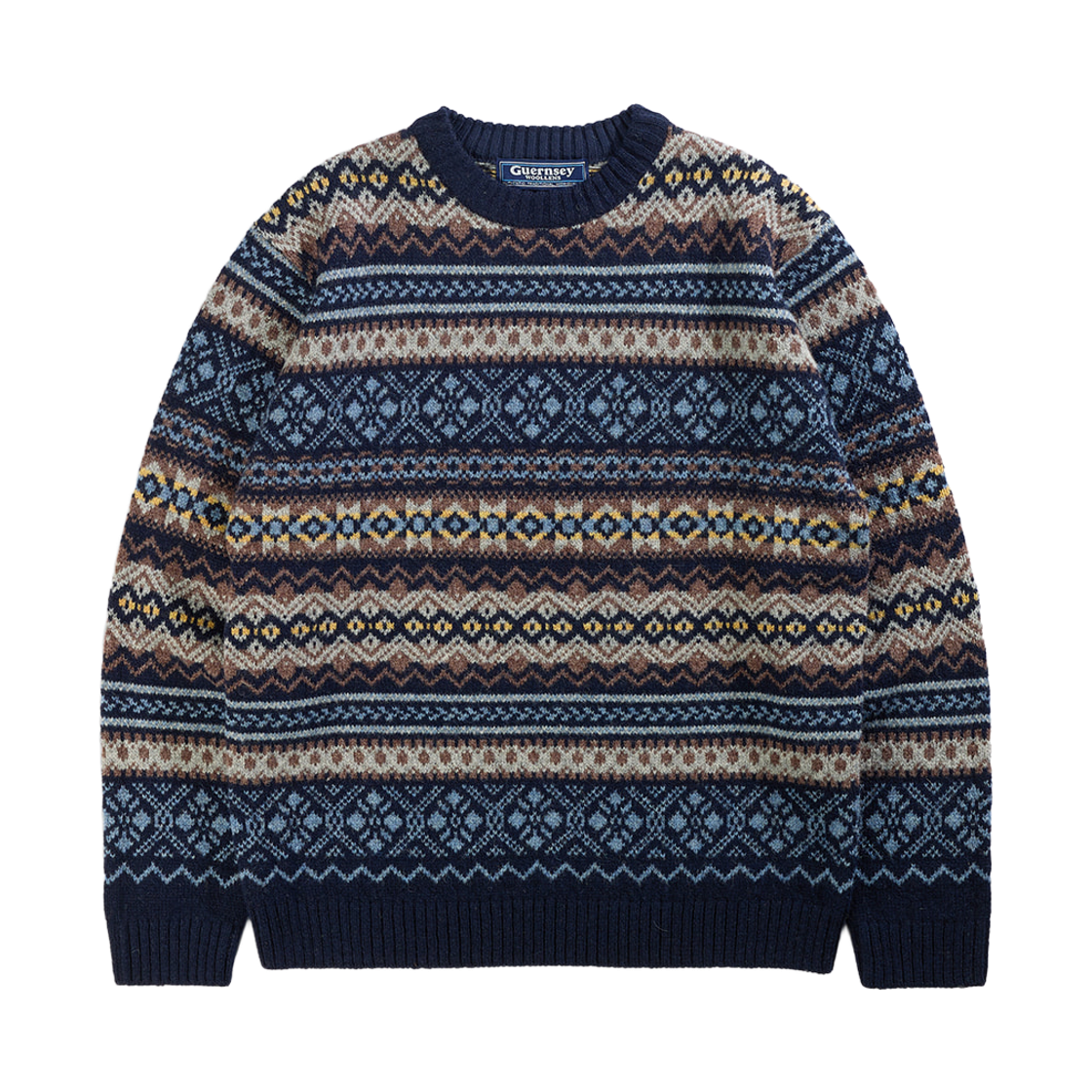 GW2DKN19-nv Guernsey Woollens Fort Doyle Fair Isle Crewneck Sweater Navy