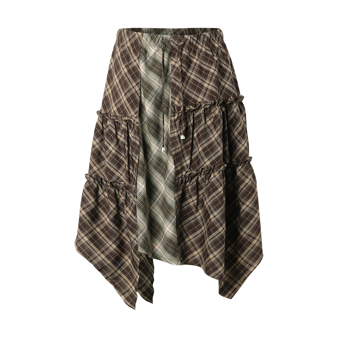 더바이닐하우스 언밸런스 레이어드 체크 스커트(W) 브라운(Thevinylhouse Unbalance Layered Check Skirt (W) Brown)