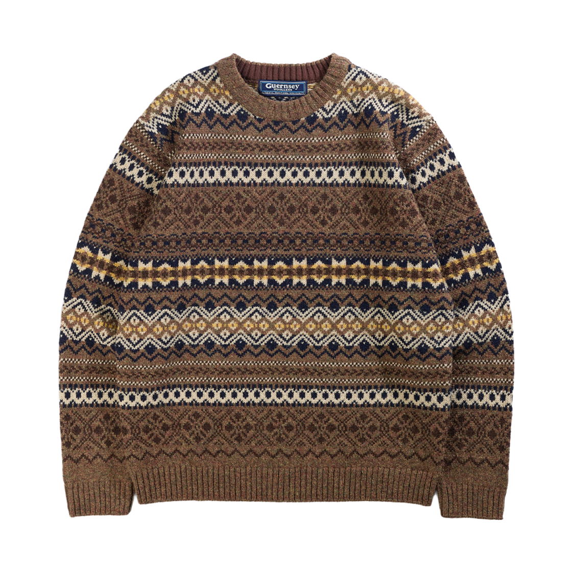 GW2DKN19-br Guernsey Woollens Fort Doyle Fair Isle Crewneck Sweater Brown