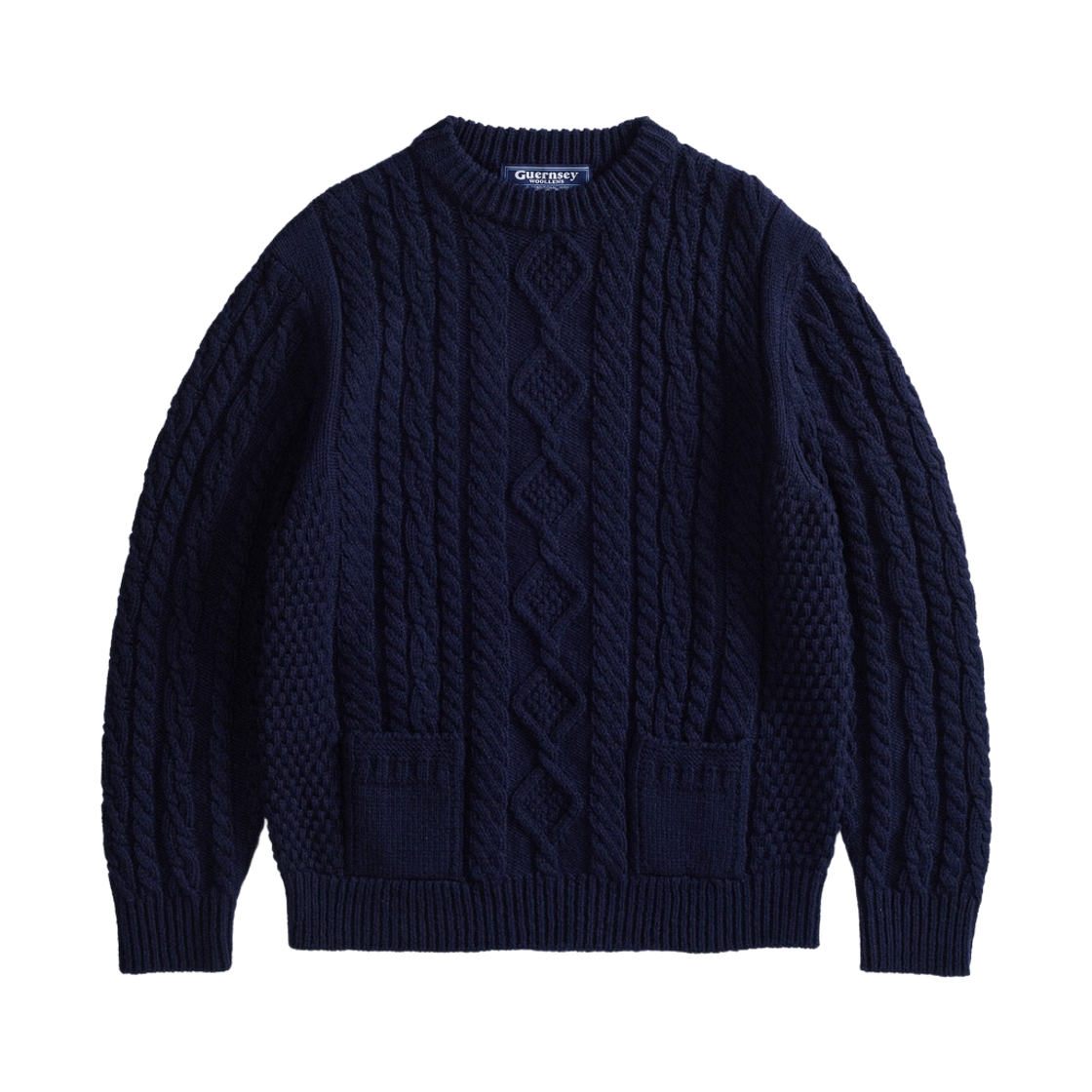 GW2DKN16-nv Guernsey Woollens Shetland Wool Aran Pocket Sweater Navy