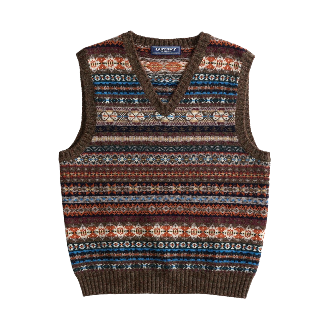 건지울른스 세인트피터 페어아일 브이넥 베스트 브라운(Guernsey Woollens Saint Peter Fair Isle V Neck Vest Brown)