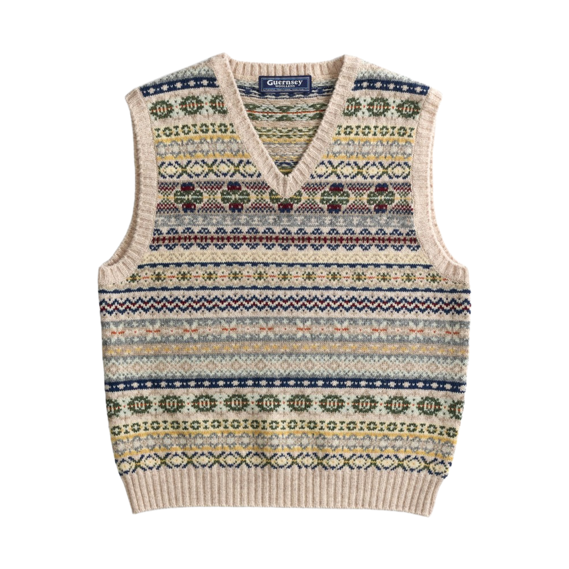 GW2DKN18-be Guernsey Woollens Saint Peter Fair Isle V Neck Vest Beige