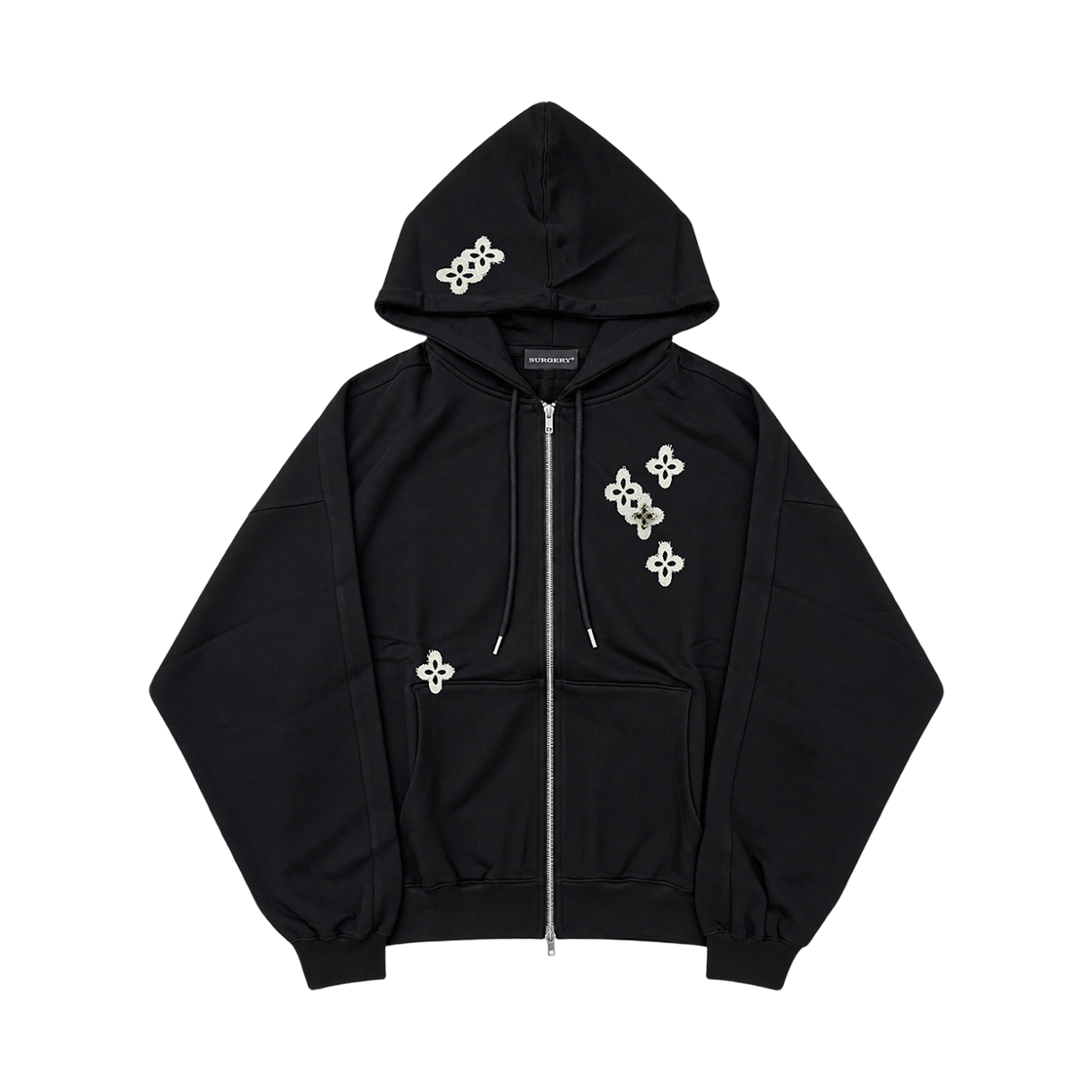 [주문제작] 써저리 프레이드 클로버 로고 후드 자켓 블랙([주문제작] Surgery Frayed Clover Logo Hood Jacket Black) - 1