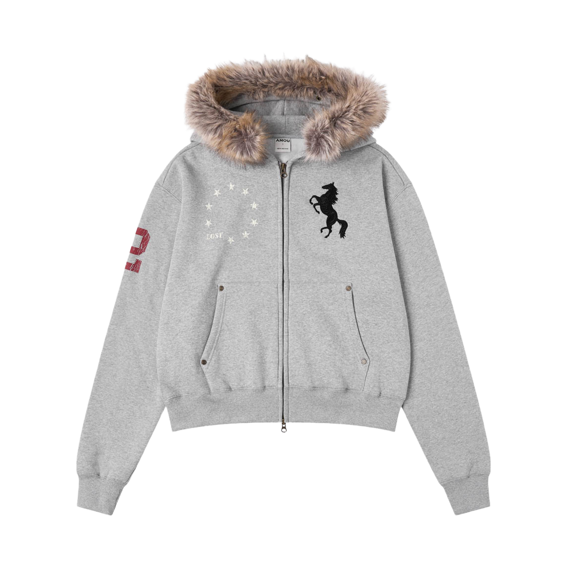 아모우 [기모]  포니 퍼 후드 집업 그레이(AMOU [Fleece] Pony Fur Hoodie Zip-up Gray)