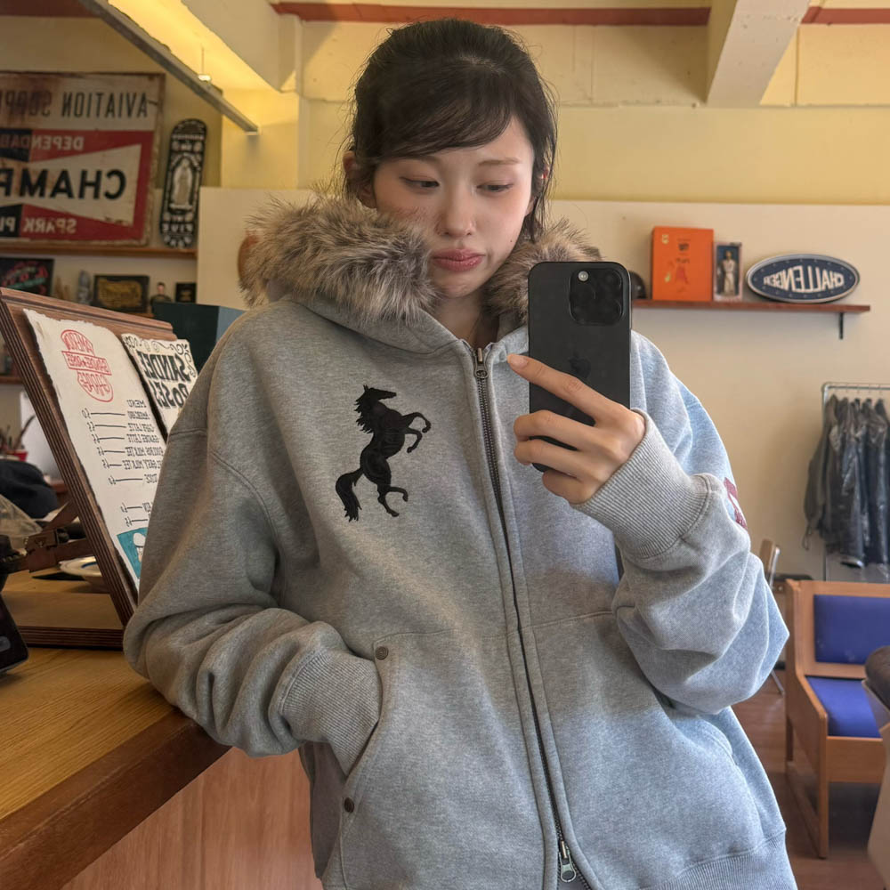 아모우 [기모]  포니 퍼 후드 집업 그레이(AMOU [Fleece] Pony Fur Hoodie Zip-up Gray) - 5