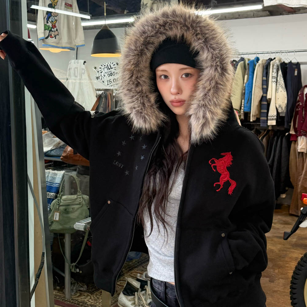아모우 [기모]  포니 퍼 후드 집업 블랙(AMOU [Fleece] Pony Fur Hoodie Zip-up Black) - 6
