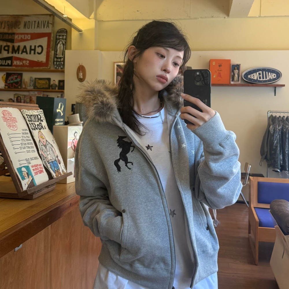 아모우 [기모]  포니 퍼 후드 집업 그레이(AMOU [Fleece] Pony Fur Hoodie Zip-up Gray) - 6