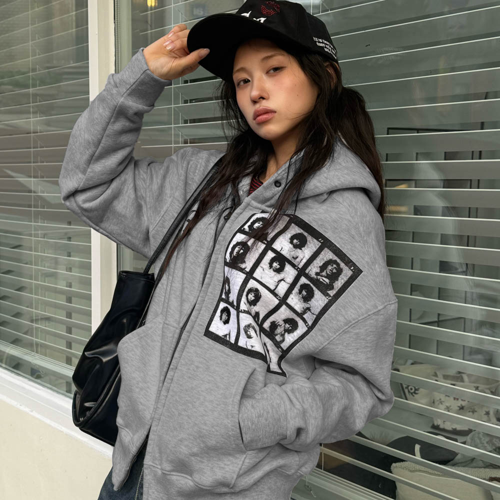 아모우 [기모] AM 히피 후드 집업 그레이(AMOU [Fleece] AM hippy Hoodie Zip-up Gray) - 4