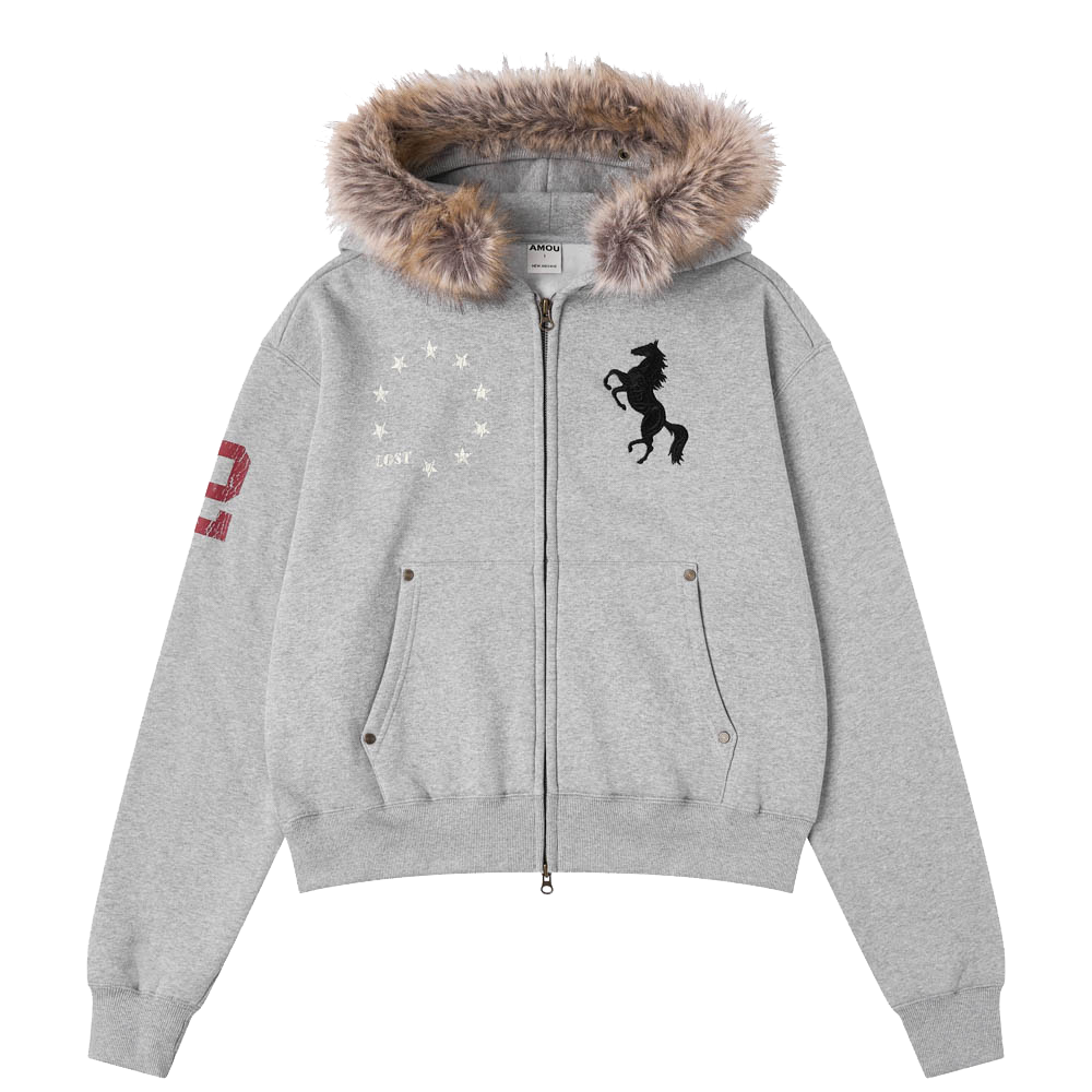 아모우 [기모]  포니 퍼 후드 집업 그레이(AMOU [Fleece] Pony Fur Hoodie Zip-up Gray) - 2