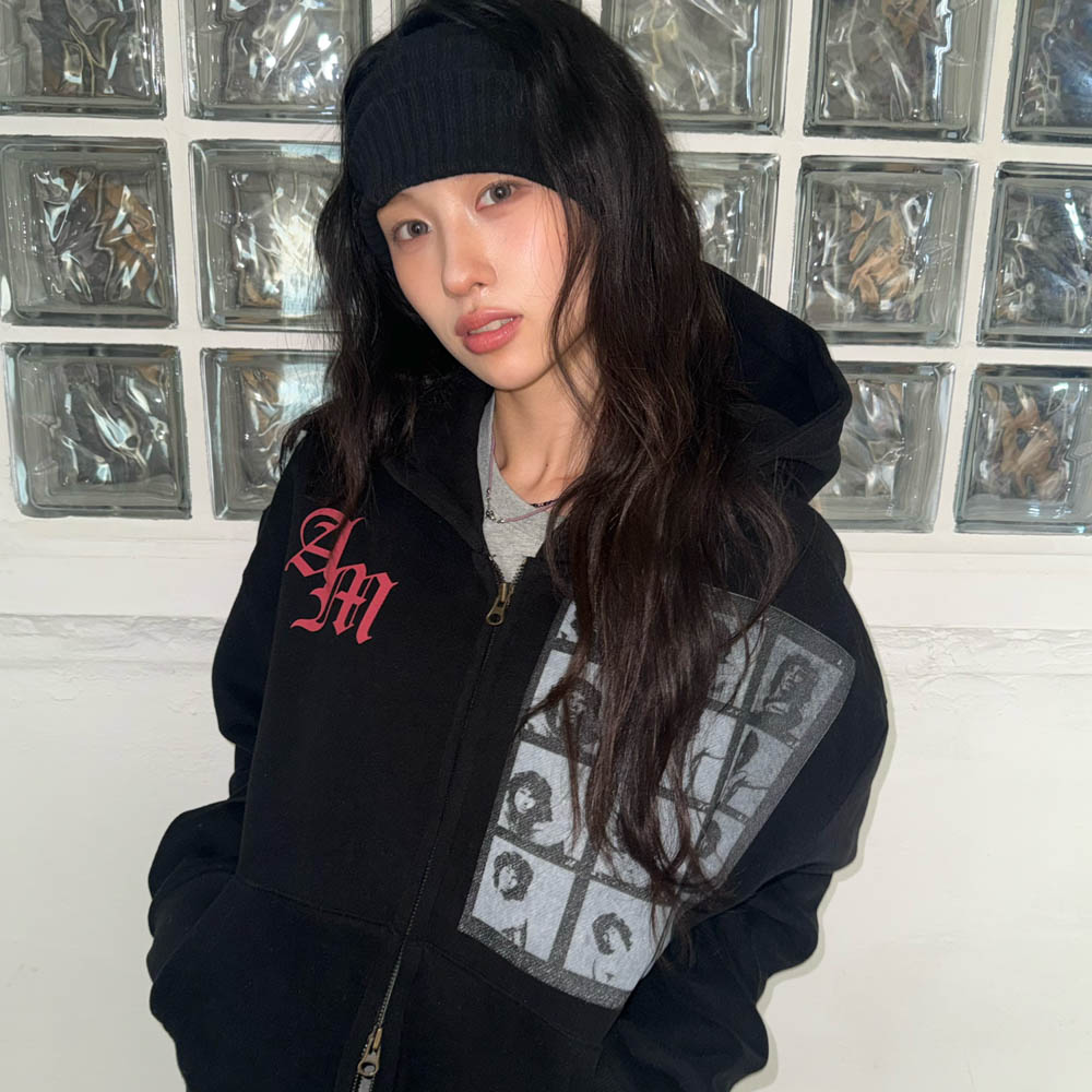 아모우 [기모] AM 히피 후드 집업 블랙(AMOU [Fleece] AM hippy Hoodie Zip-up Black) - 3