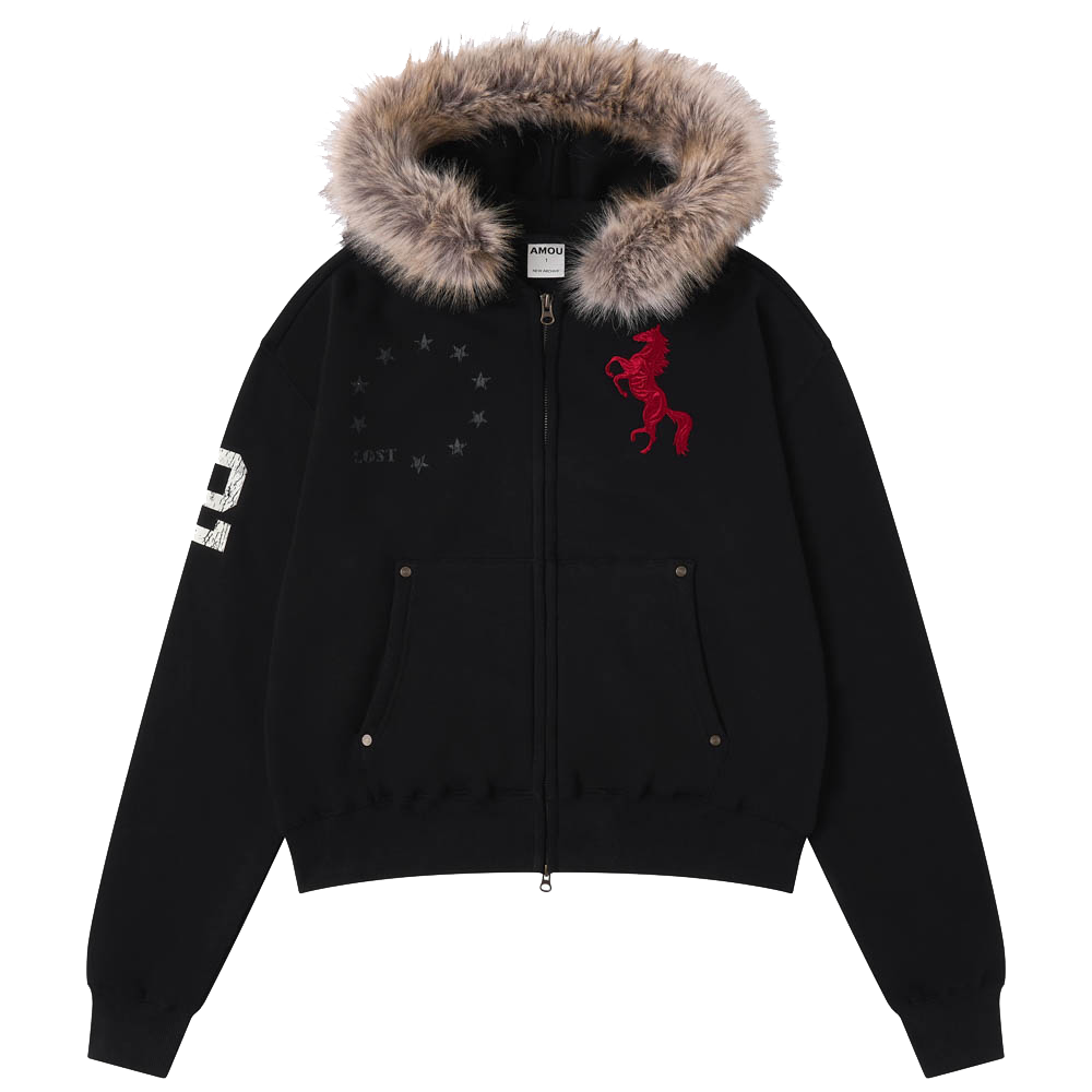 아모우 [기모]  포니 퍼 후드 집업 블랙(AMOU [Fleece] Pony Fur Hoodie Zip-up Black) - 2