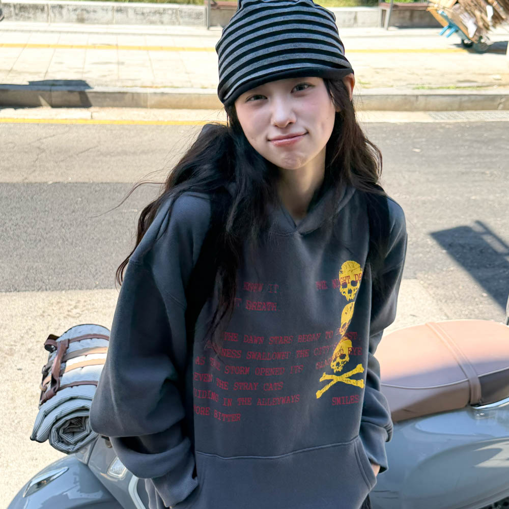 아모우 [기모] 스컬 레터 후디 차콜 그레이(AMOU [Fleece] Skull Letter Hoodie Chacoal Gray) - 3