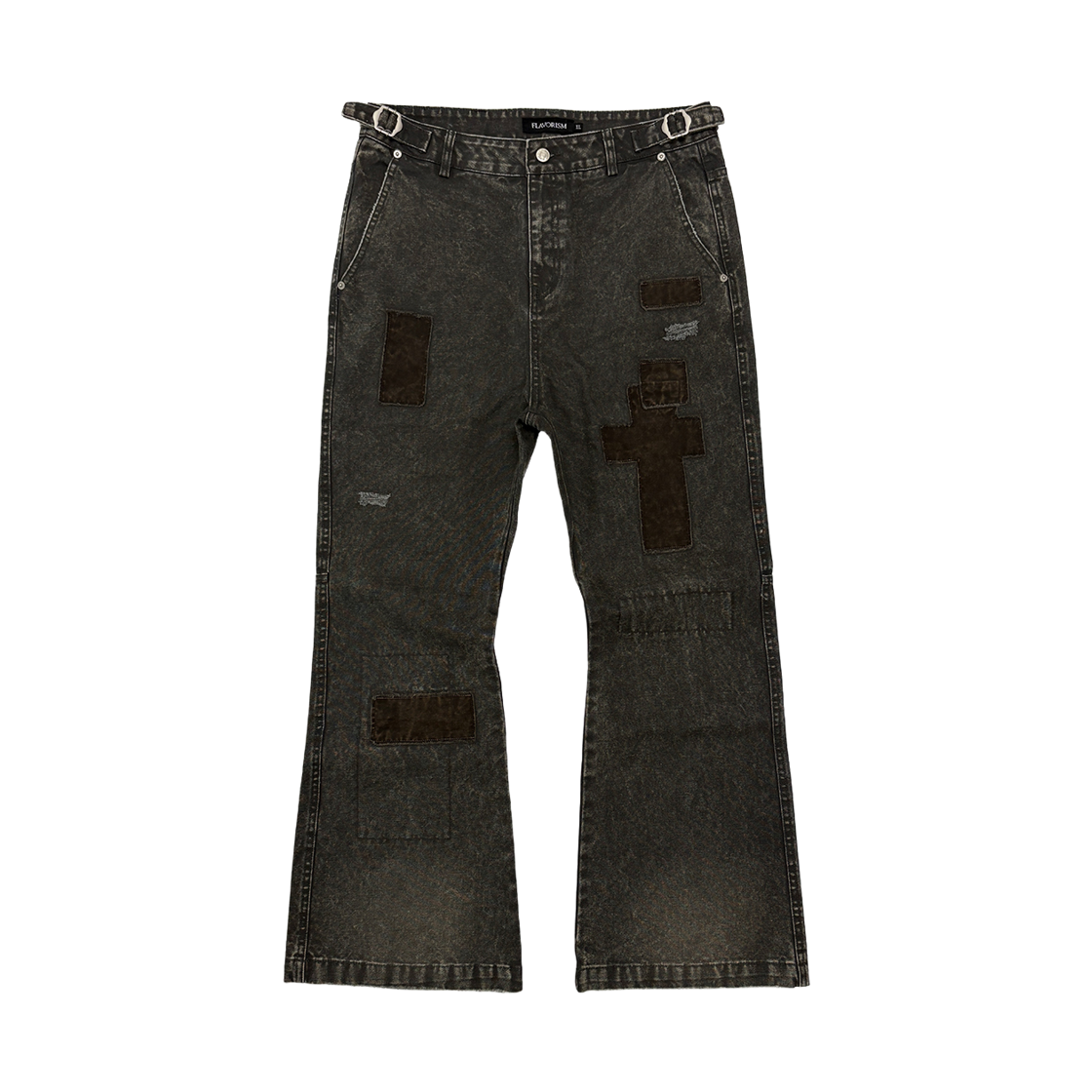 [KREAM 단독] 플레이버리즘 빈티지 패치워크 플레어드 팬츠 워시드 카키([KREAM 단독] Flavorism VTG Patchwork Flared Pants Washed Khaki)