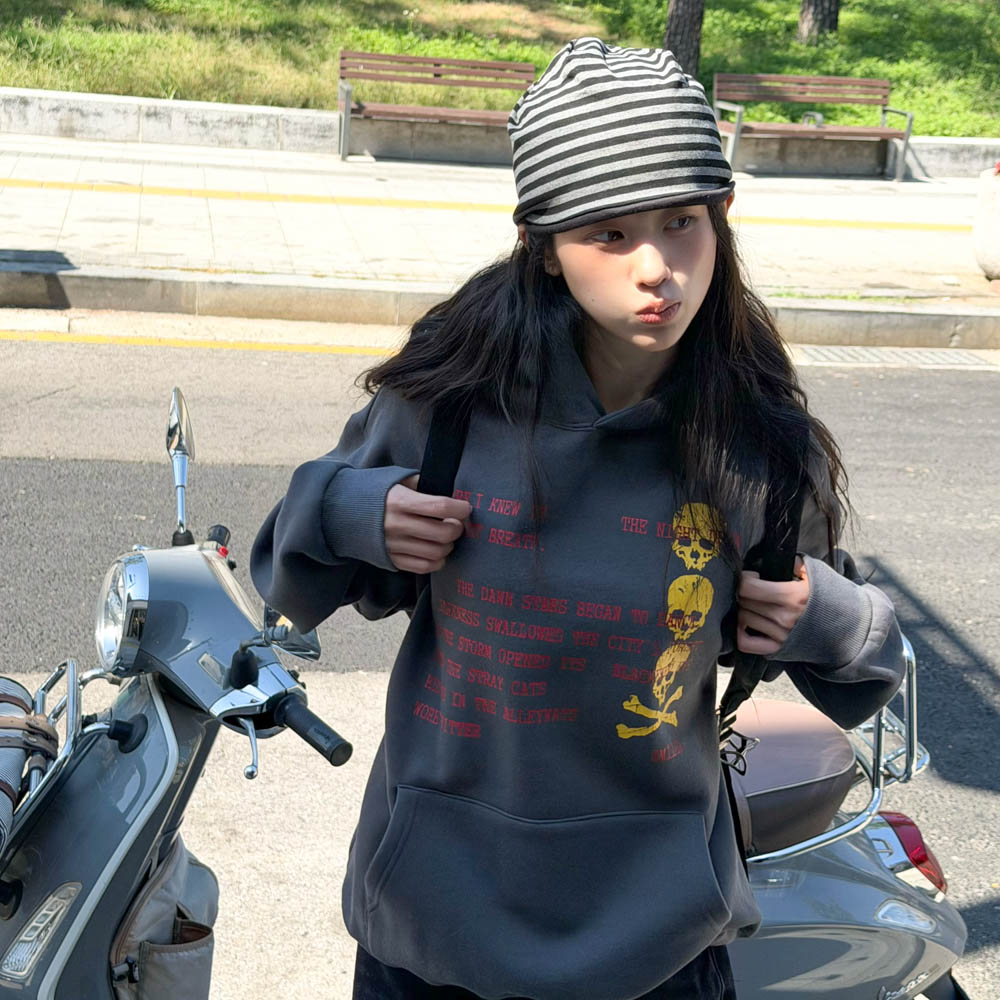 아모우 [기모] 스컬 레터 후디 차콜 그레이(AMOU [Fleece] Skull Letter Hoodie Chacoal Gray) - 5