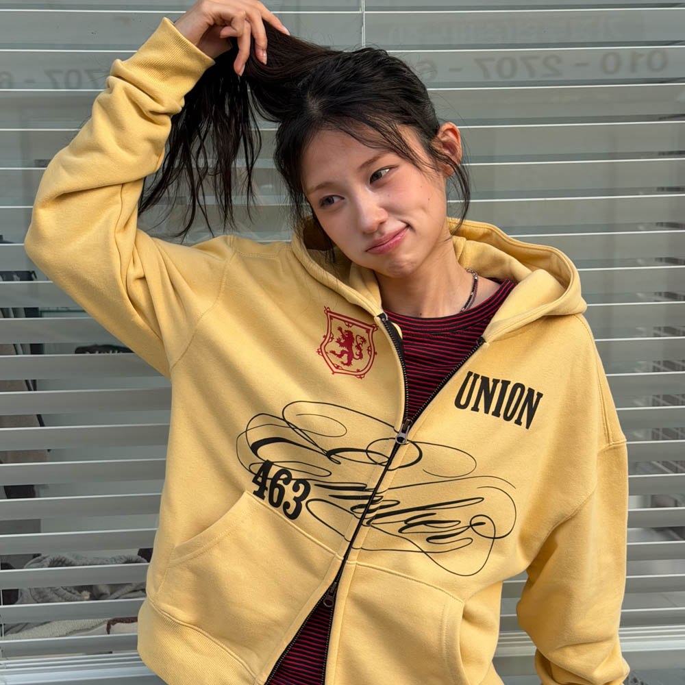 아모우 [기모] 클럽 후드 집업 옐로우(AMOU [Fleece] Club Hoodie Zip-up Yellow) - 6