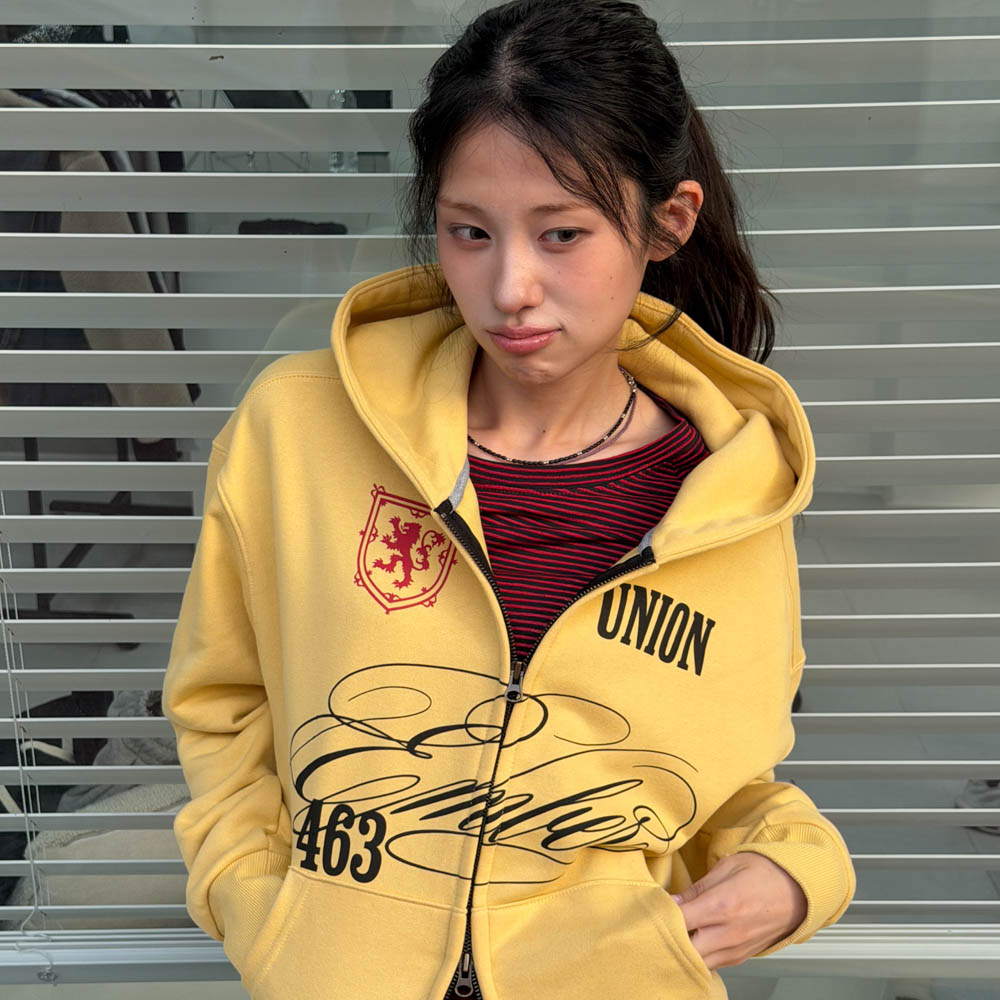 아모우 [기모] 클럽 후드 집업 옐로우(AMOU [Fleece] Club Hoodie Zip-up Yellow) - 4