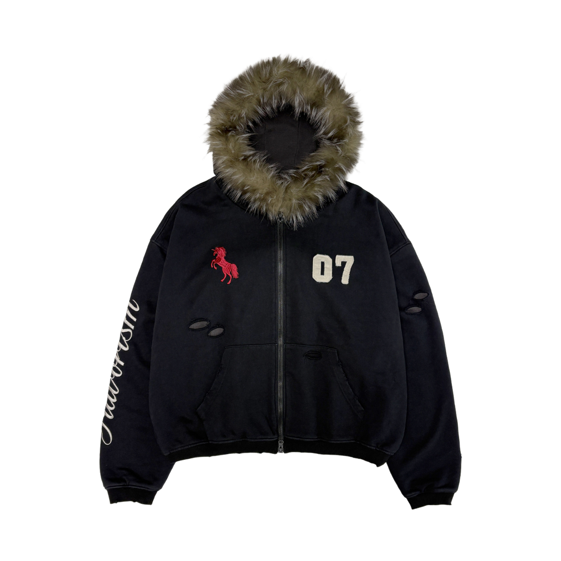 TO0030 Flavorism Red Horse Waffle Lining Zip Hoodie Black
