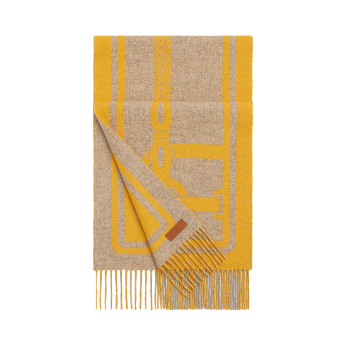 H261635S03 (W) Hermes Petite Casaque Coaching Scarf Cashmere & Mimosa Beige Chine