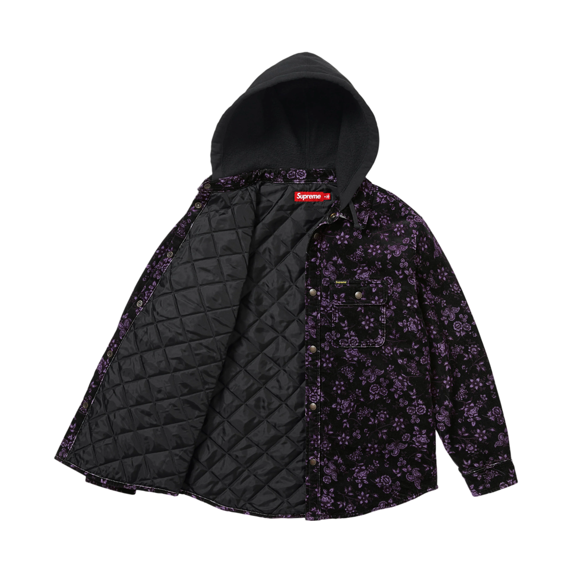슈프림 퀼티드 라인드 후드 벨벳 스냅 셔츠 플로럴 - 26FW(Supreme Quilted Lined Hooded Velvet Snap Shirt Floral - 26FW) - 2