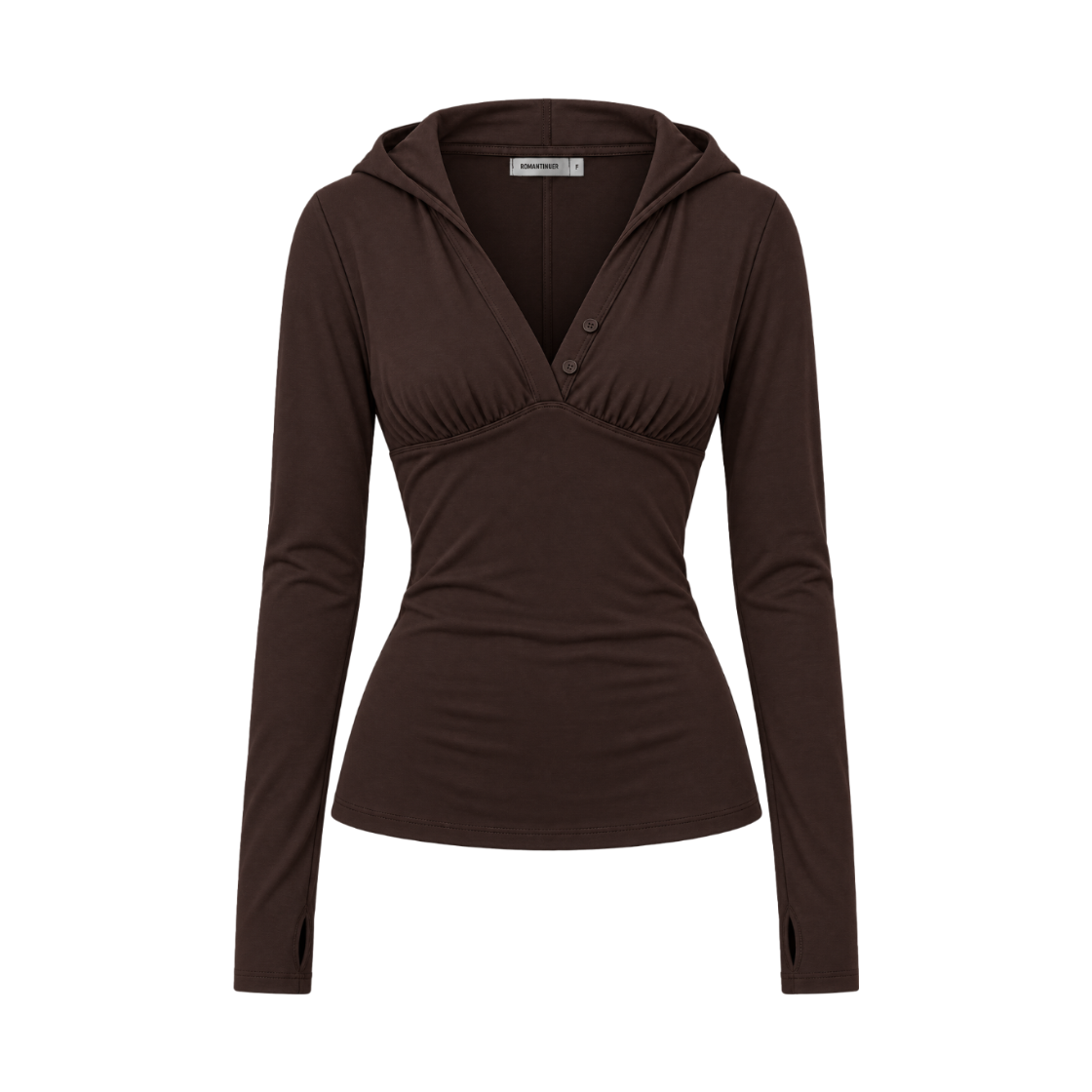 로맨티누어 버튼 브이넥 후드 롱슬리브 티셔츠 - 브라운(ROMANTINUER V-Neck Button Hooded Long Sleeve Top - Brown)