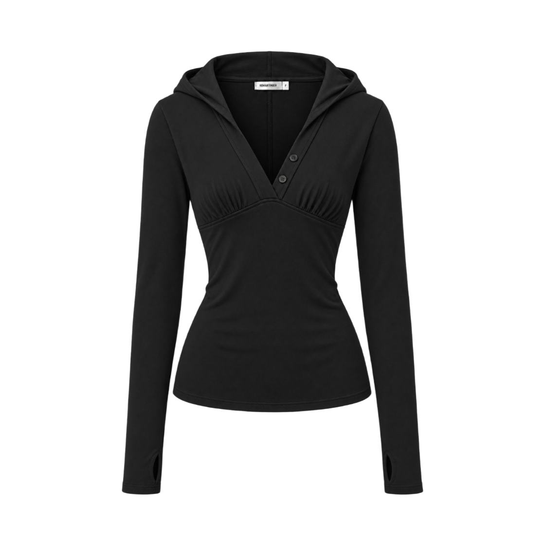 로맨티누어 버튼 브이넥 후드 롱슬리브 티셔츠 - 블랙(ROMANTINUER V-Neck Button Hooded Long Sleeve Top - Black)