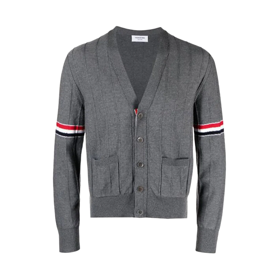 MKC519A-Y1002-035 Thom Browne Wool Relaxed V-Neck Armband Cardigan Medium Grey