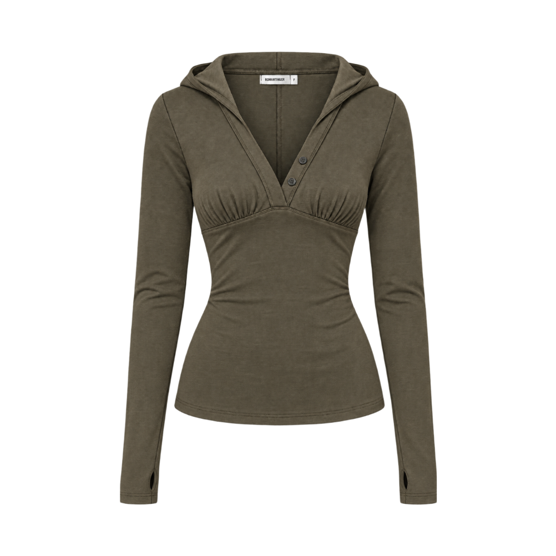 로맨티누어 버튼 브이넥 후드 롱슬리브 티셔츠 - 카키(ROMANTINUER V-Neck Button Hooded Long Sleeve Top - Khaki) - 1