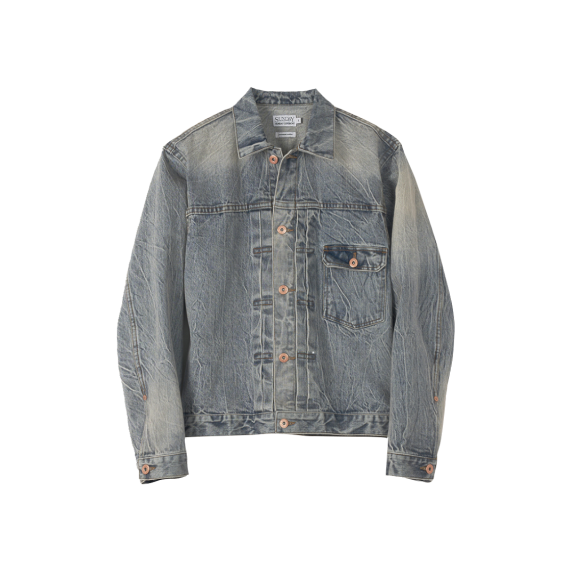 선데이세레머니 재패니즈 데님 타입1 트러커 자켓 - 에이징 블루(Sunday Ceremony Japanese Denim Type-1 Trucker Jacket - Aging Blue)