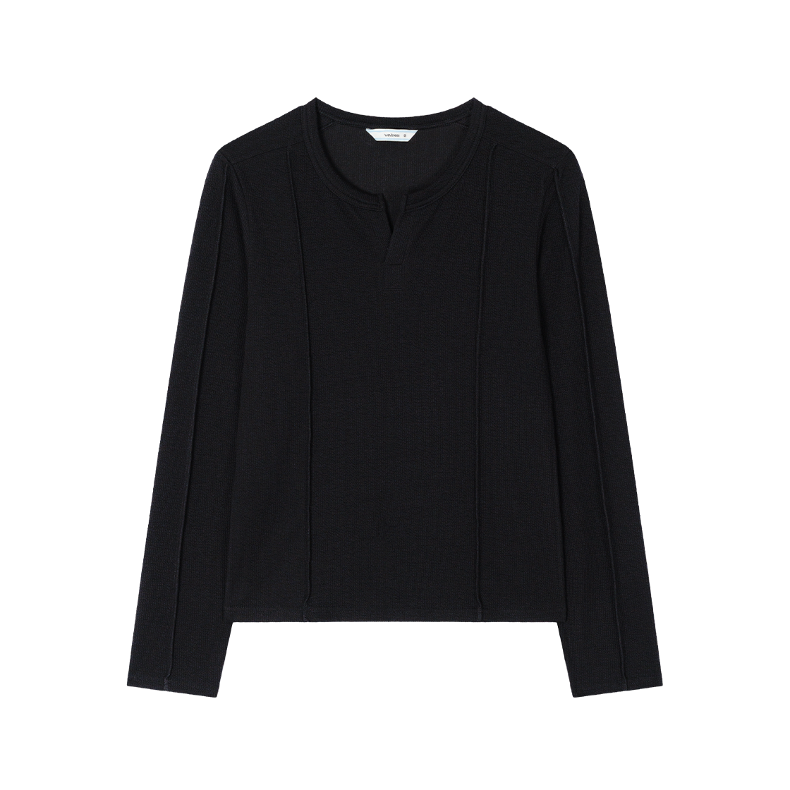 WVNS26333 Waviness Ribbed Notch Neck Long Sleeve Black